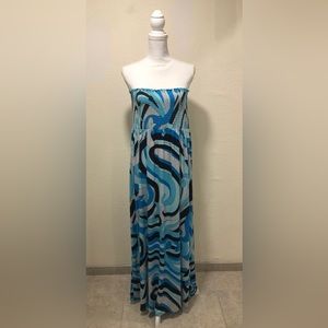 MICHAEL KORS GRAPHIC PRINT SMOCKED STRAPLESS MAXI DRESS or SWIMSUIT COVERUP (L)
